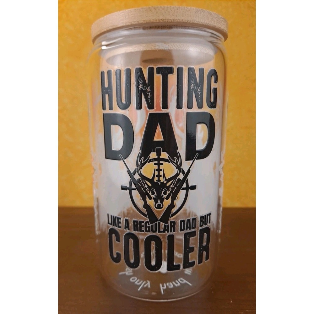 12 oz Glass Tumbler With Custom Elk Hunting Dad With Bamboo Lid And Glass Straw